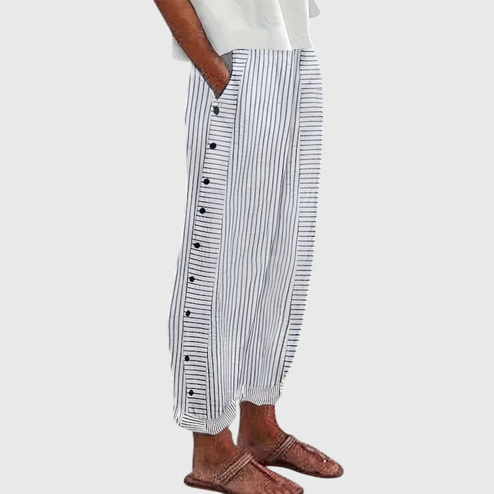BIANCA | PANTALONI IN LINO A RIGHE CON BOTTONI DECORATIVI