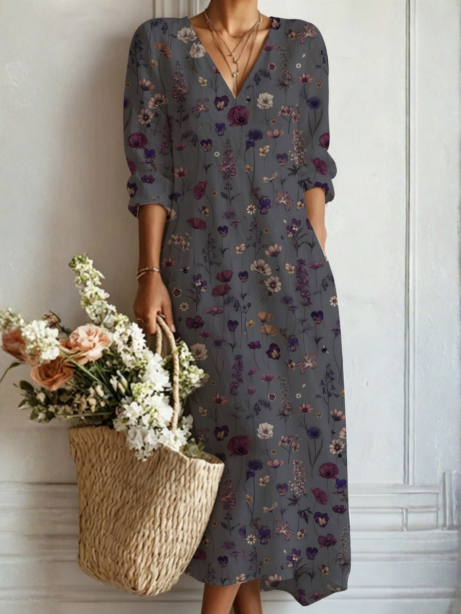 Giulia | Abito Lungo Grigio Antracite con Micro-Fiori Viola e Lilla
