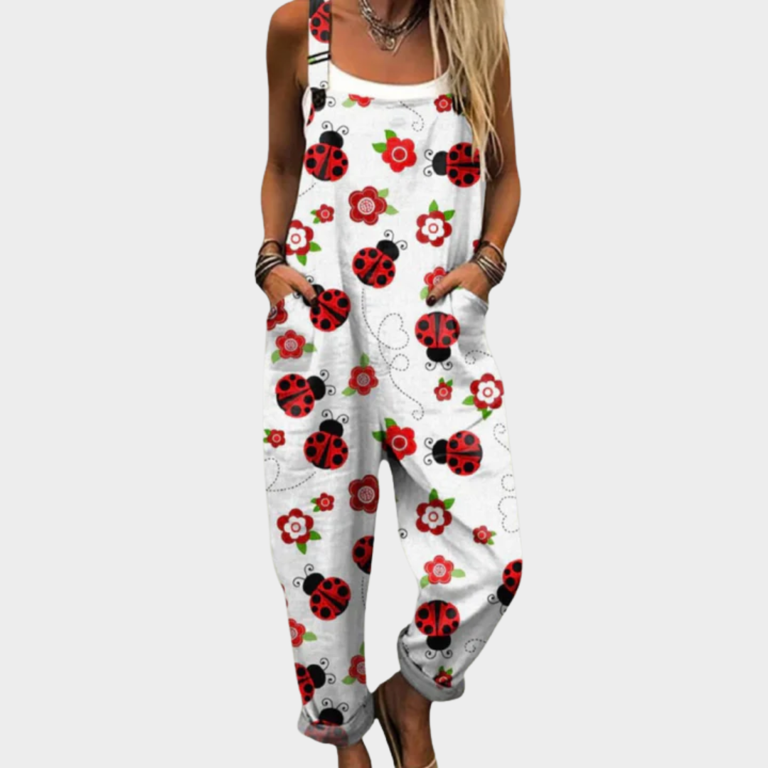 Camilla | Salopette Bianca con Stampa Coccinelle e Fiori Rossi