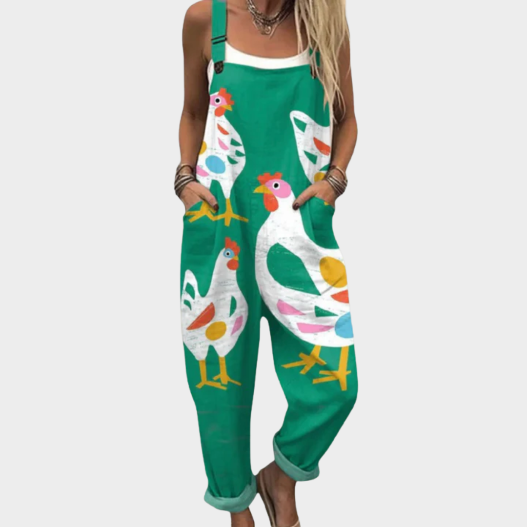 Beatrice | Salopette Verde Smeraldo con Stampa Galline Artistiche Multicolore