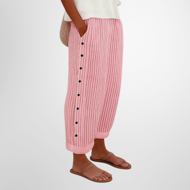 BIANCA | PANTALONI IN LINO A RIGHE CON BOTTONI DECORATIVI