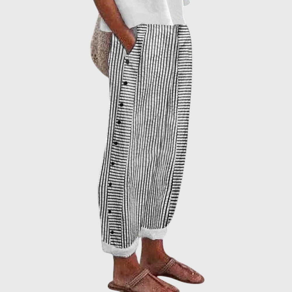 BIANCA | PANTALONI IN LINO A RIGHE CON BOTTONI DECORATIVI