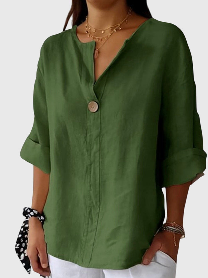 AURORA | BLUSA IN LINO CON BOTTONE DECORATIVO