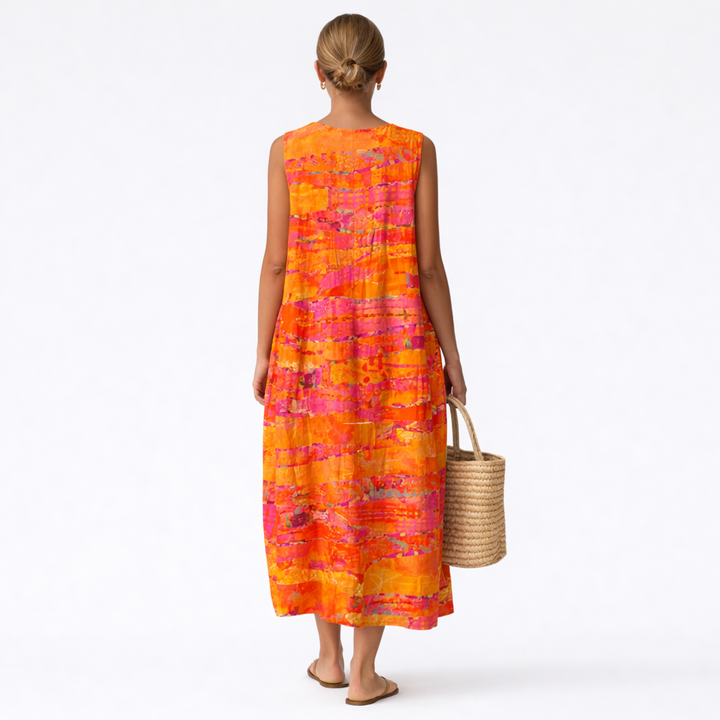 Sofia | Abito Lungo Smanicato Tie-Dye Arancio e Giallo