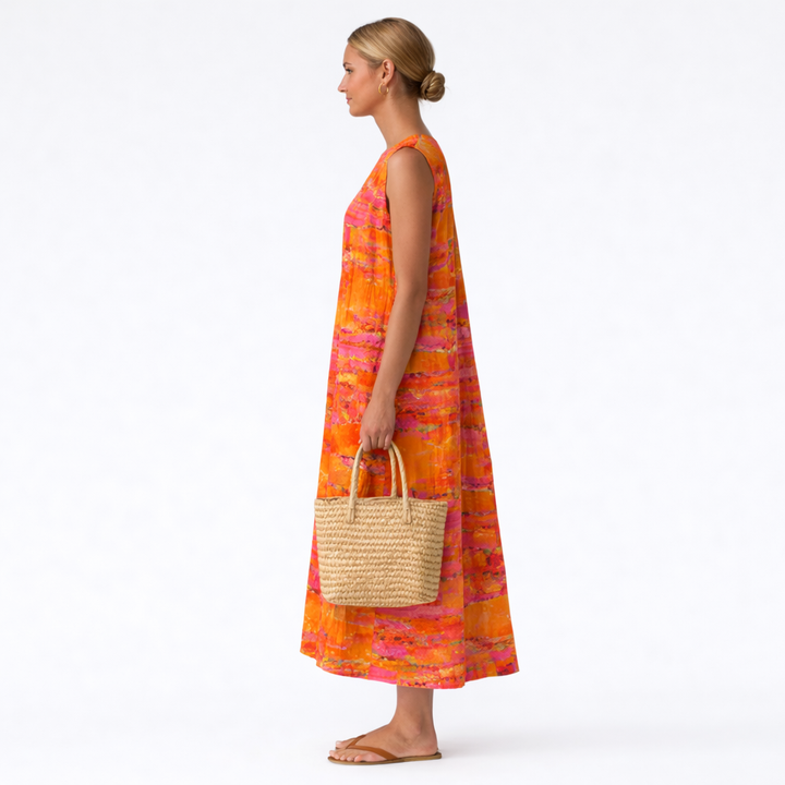 Sofia | Abito Lungo Smanicato Tie-Dye Arancio e Giallo