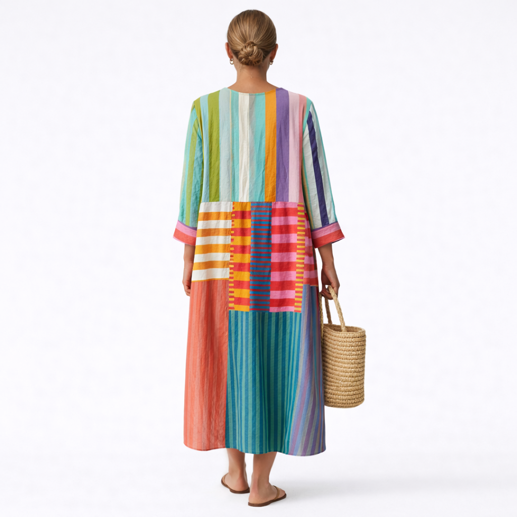 Iris | Abito Lungo Patchwork Multicolore a Righe e Quadrati Vibrant