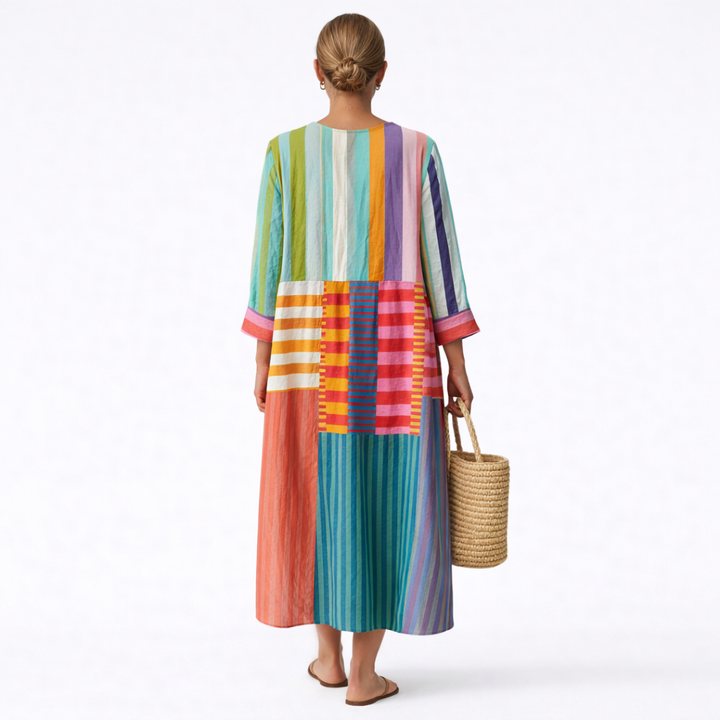 Iris | Abito Lungo Patchwork Multicolore a Righe e Quadrati Vibrant