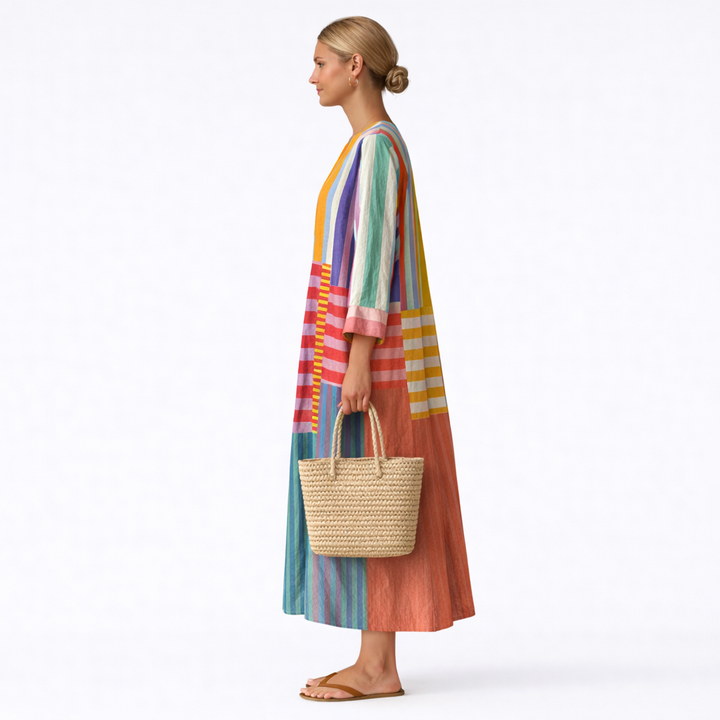 Iris | Abito Lungo Patchwork Multicolore a Righe e Quadrati Vibrant
