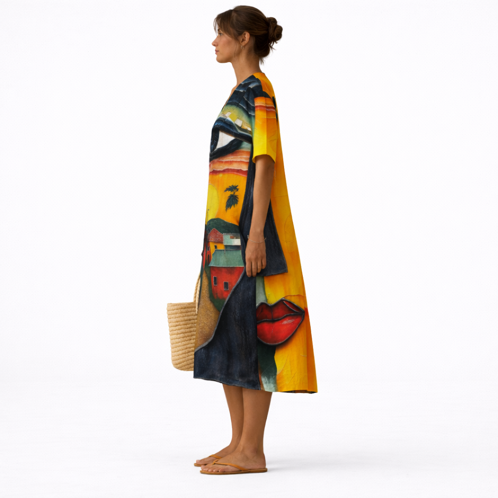 Fiorenza | Abito Lungo Artistico Surrealista nei Toni Warm del Tramonto