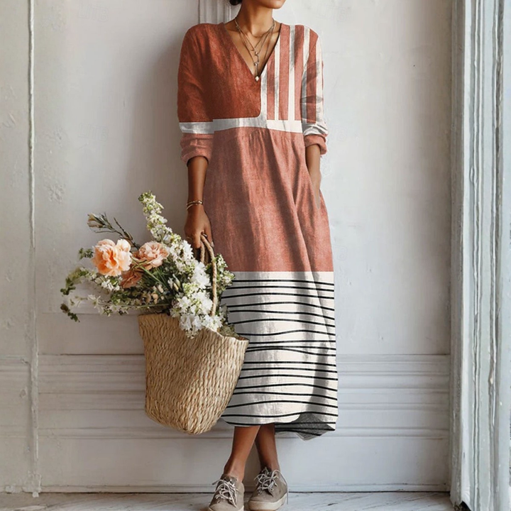 Adele | Abito Lungo Color-Block Terracotta e Righe Geometriche