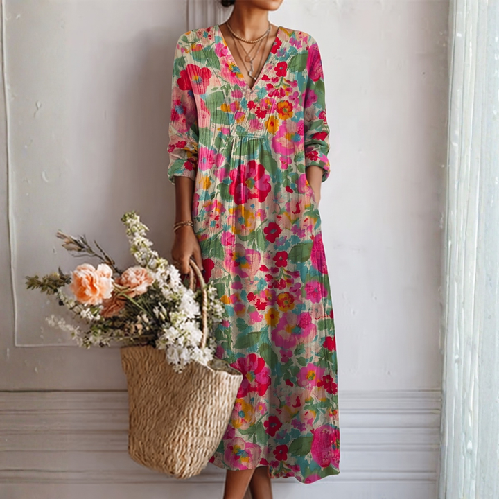 Rosalia | Abito Lungo Floreale Dipinto a Mano Verde e Fucsia