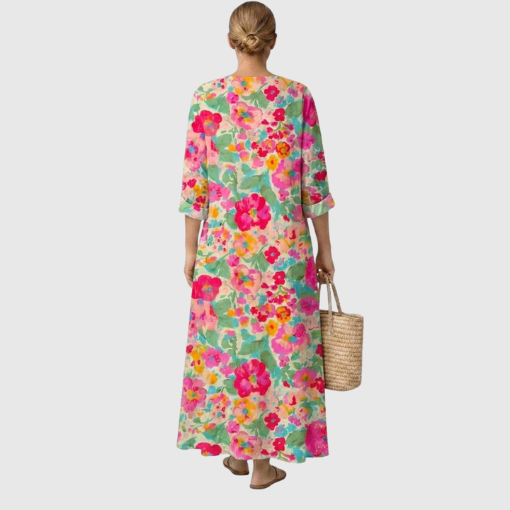 Rosalia | Abito Lungo Floreale Dipinto a Mano Verde e Fucsia