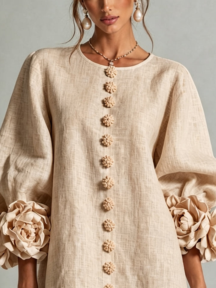 Beatrice | Abito Mini Beige con Rose 3D ai Polsini