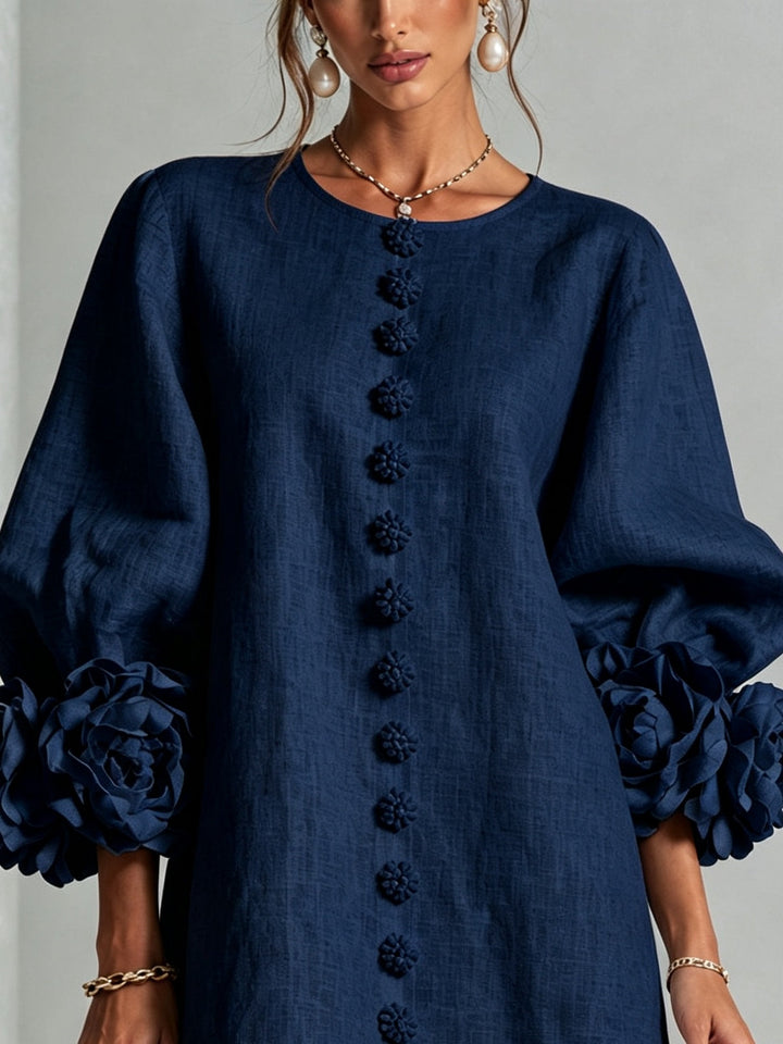 Adeline | Abito Blu Notte con Rose Tridimensionali