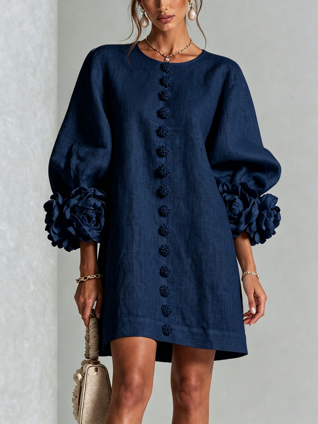 Adeline | Abito Blu Notte con Rose Tridimensionali