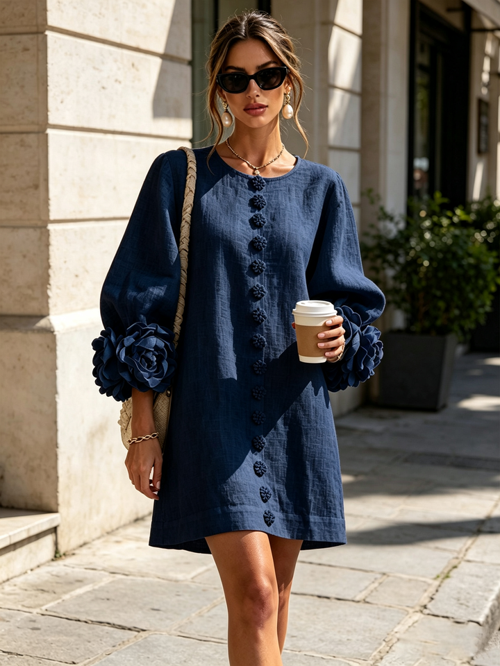 Adeline | Abito Blu Notte con Rose Tridimensionali