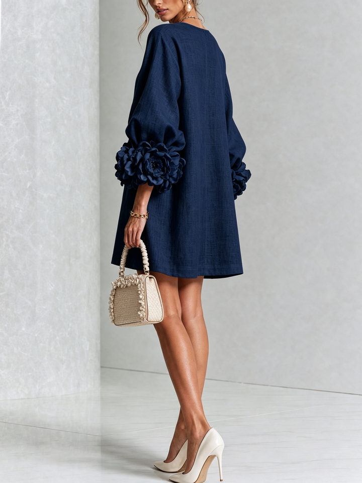 Adeline | Abito Blu Notte con Rose Tridimensionali