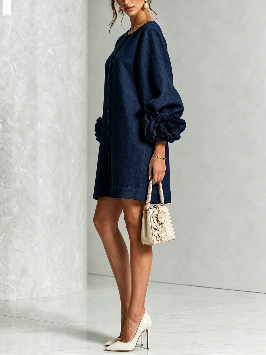 Adeline | Abito Blu Notte con Rose Tridimensionali
