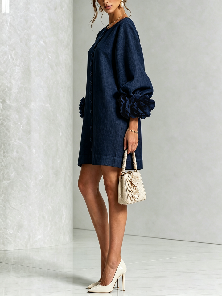 Adeline | Abito Blu Notte con Rose Tridimensionali