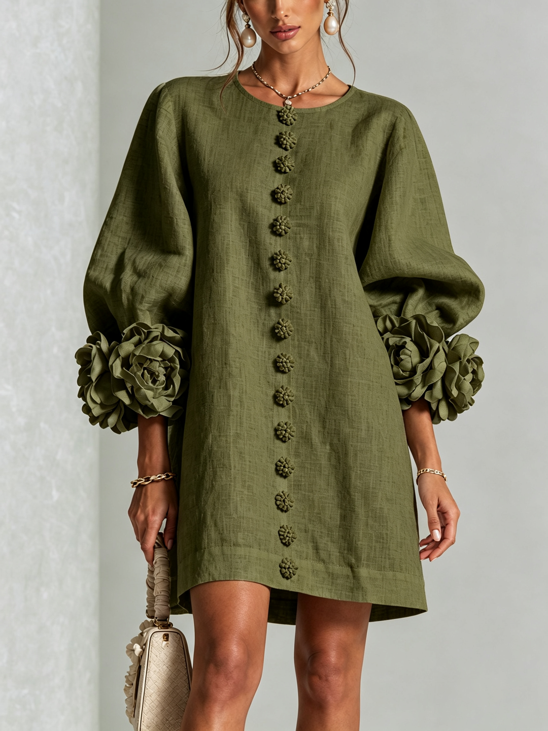 Anouk | Abito Mini Verde Oliva con Rose 3D