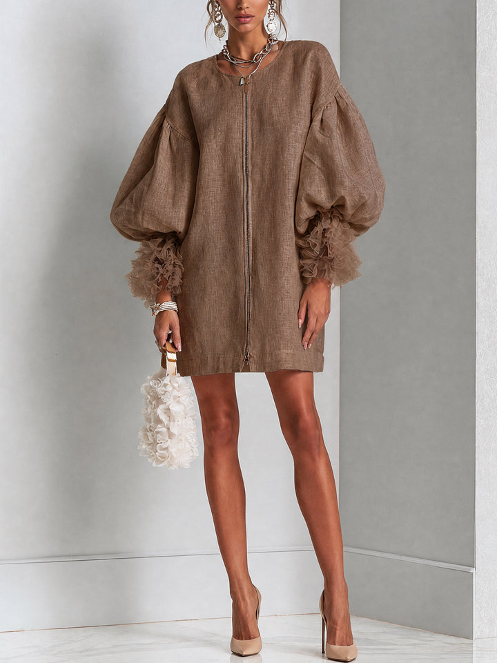 Flora | Abito Mini Cammello con Polsini Ruffled in Tulle