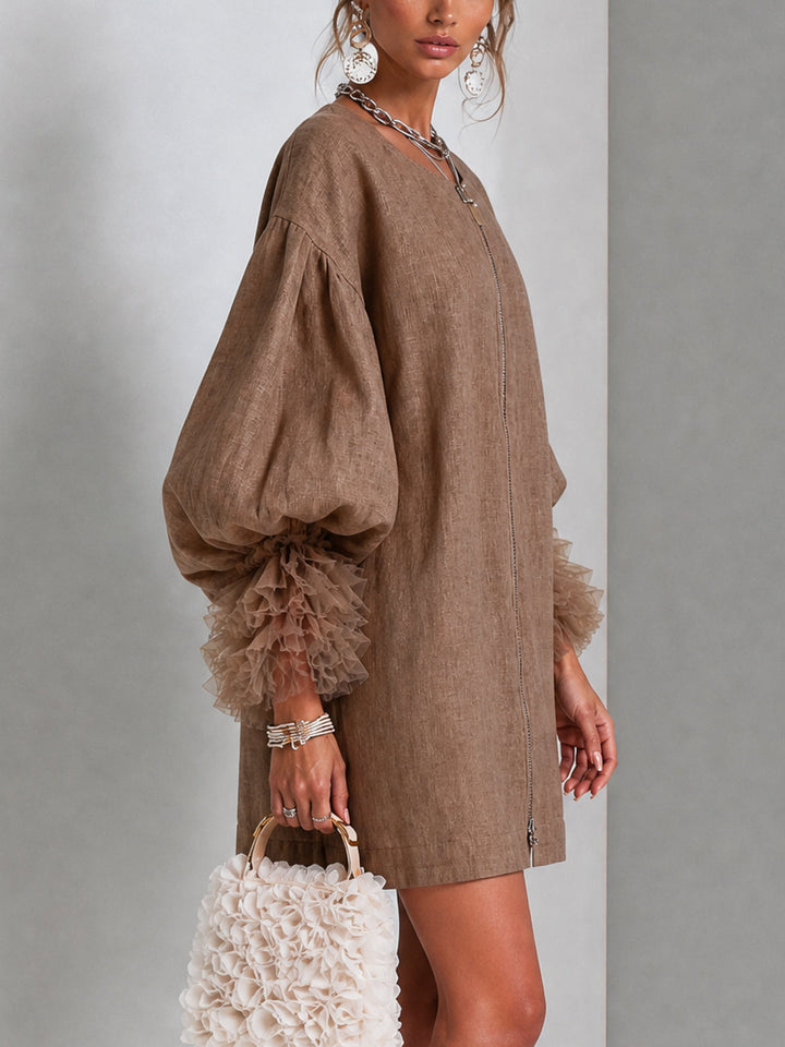 Flora | Abito Mini Cammello con Polsini Ruffled in Tulle