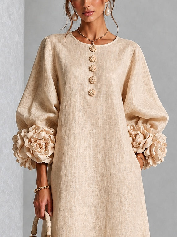 Adele | Abito Midi Beige Sabbia con Applicazioni Floreali