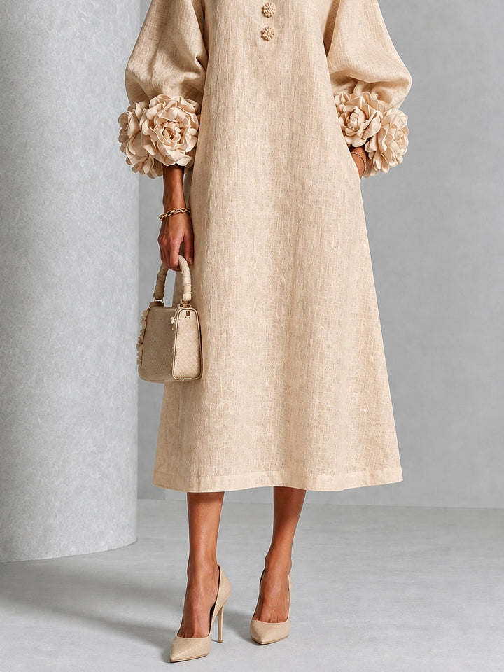 Adele | Abito Midi Beige Sabbia con Applicazioni Floreali