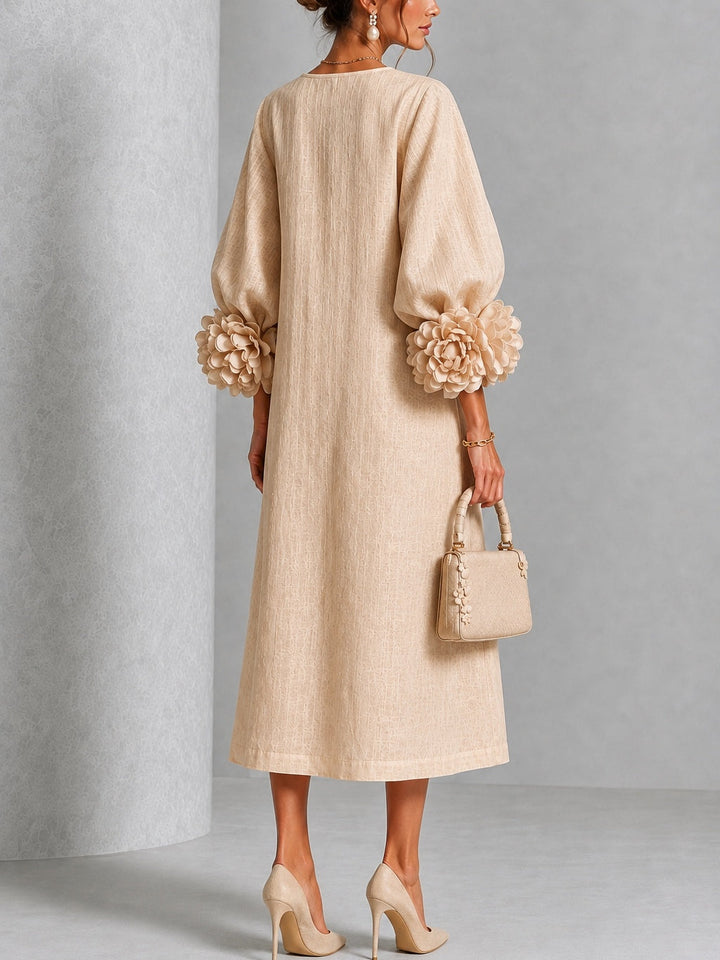 Adele | Abito Midi Beige Sabbia con Applicazioni Floreali