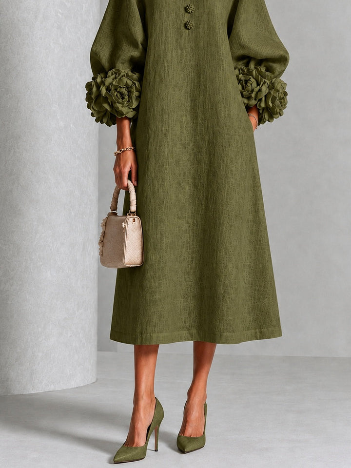 Mirabel | Abito Midi Verde Salvia con Rose 3D