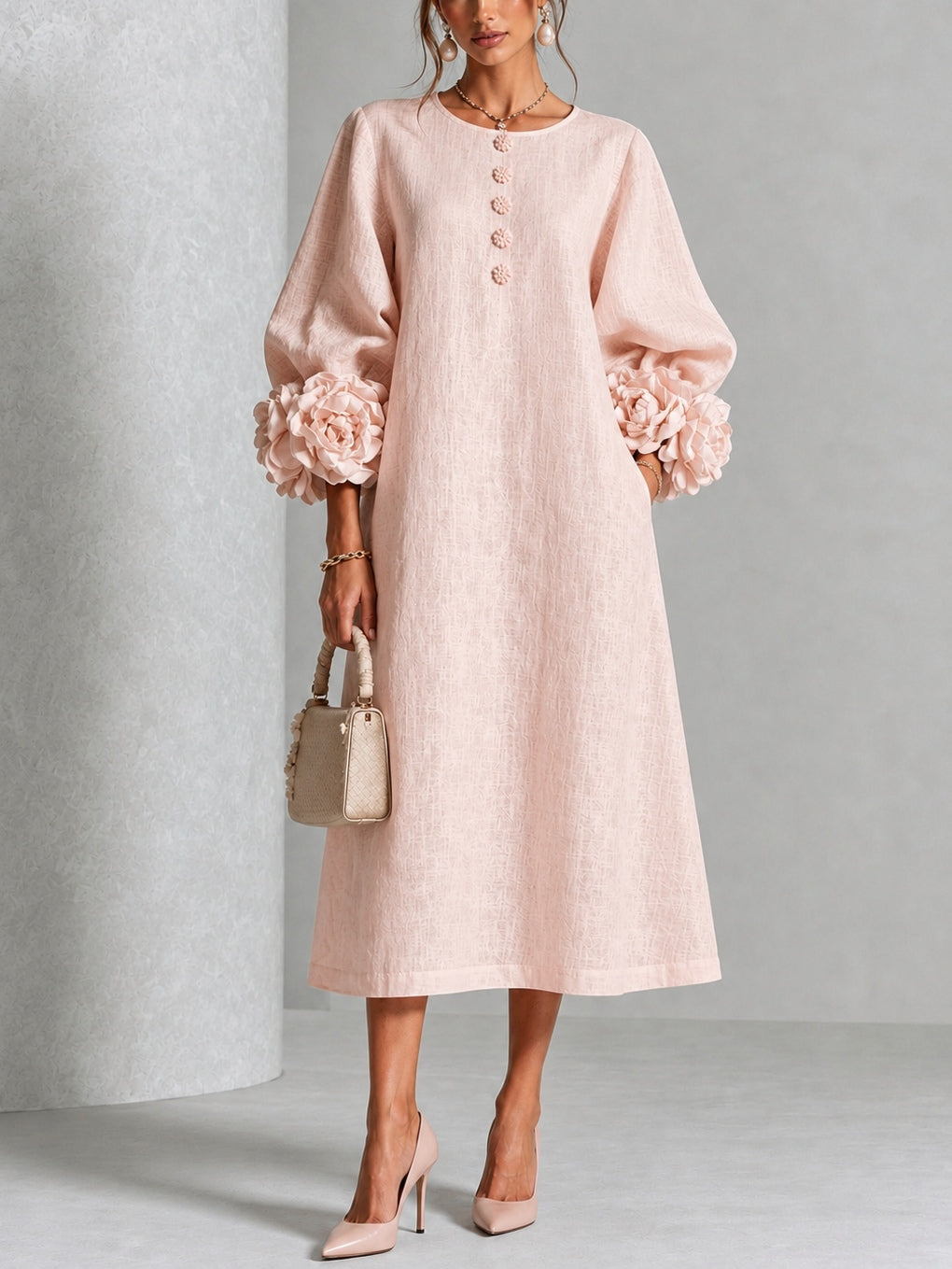 Ilaria | Abito Midi Rosa con Fiori Applicati