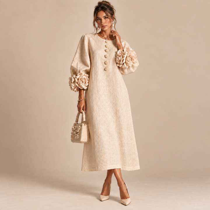 Adele | Abito Midi Beige Sabbia con Applicazioni Floreali
