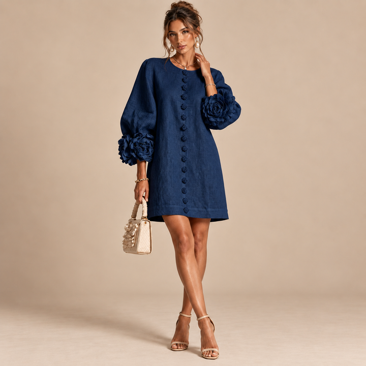 Adeline | Abito Blu Notte con Rose Tridimensionali