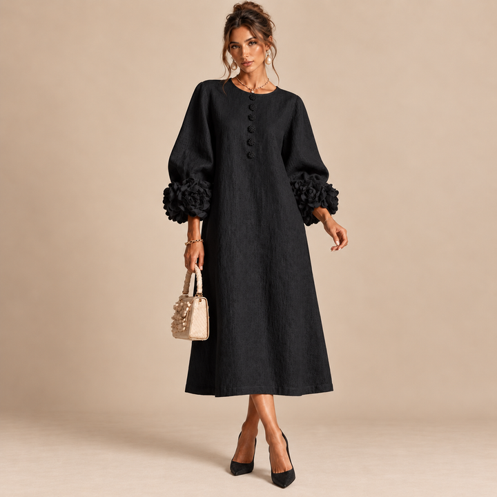 Alessandra | Abito Mini Nero con Rose 3D ai Polsini