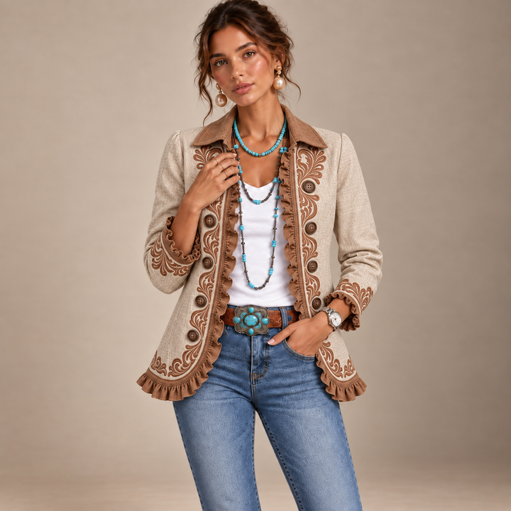 Anouk | Giacca Beige con Bordi Ricamati Paisley