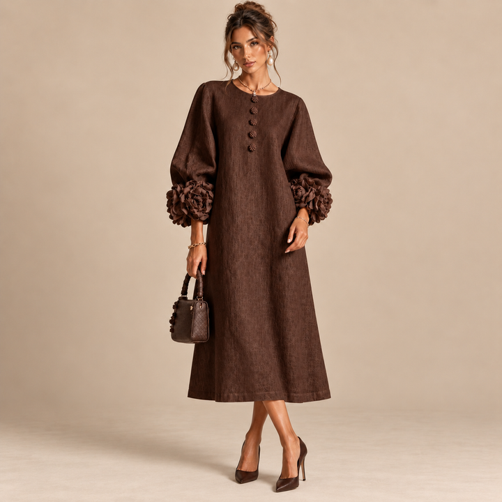 Anthea | Abito Midi Marrone Cioccolato con Rose 3D