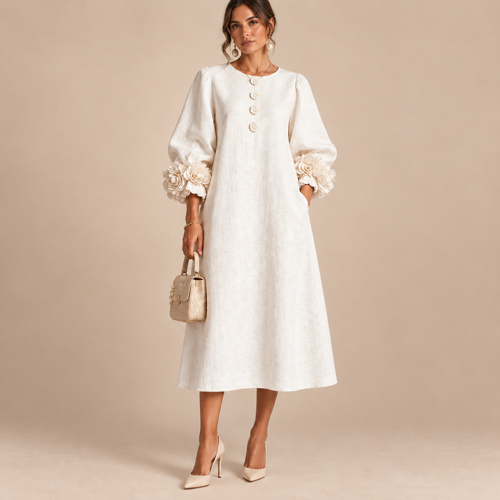 Celeste | Abito Midi Bianco con Rose 3D ai Polsini