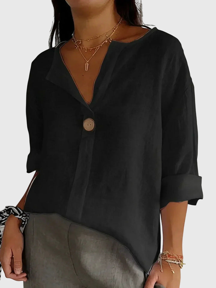 AURORA | BLUSA IN LINO CON BOTTONE DECORATIVO
