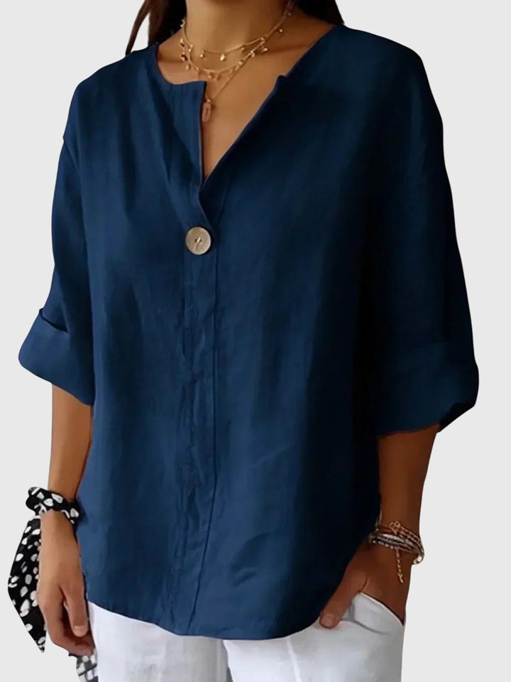 AURORA | BLUSA IN LINO CON BOTTONE DECORATIVO