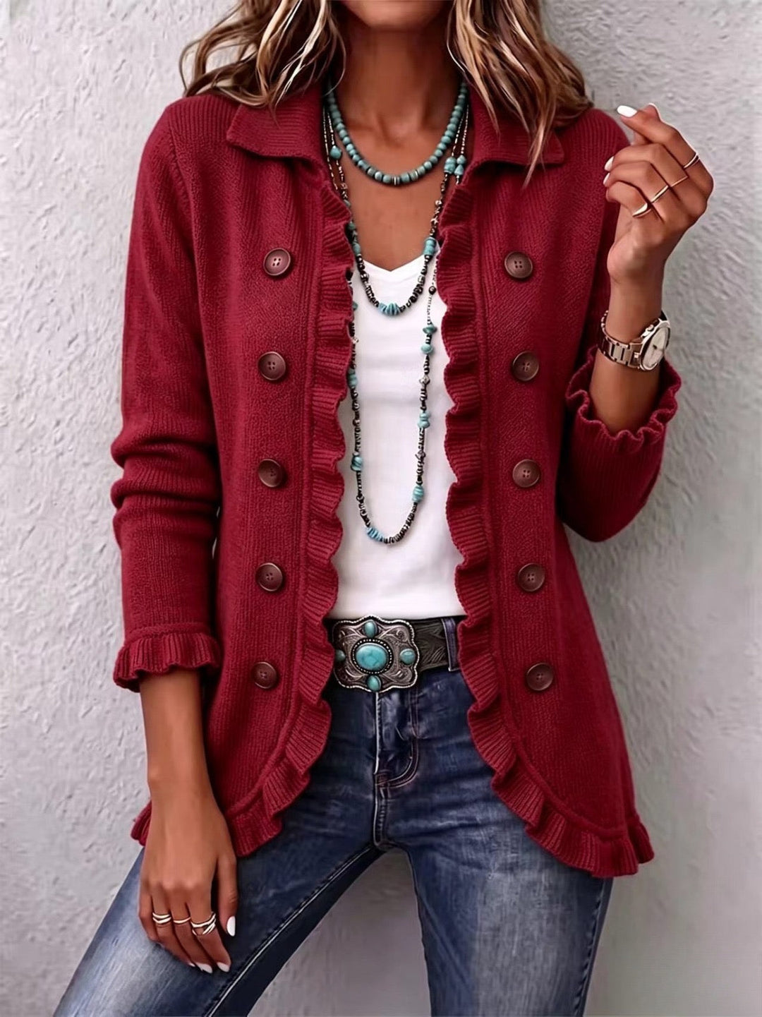 Vinaccia | Giacca in Maglia Bordeaux con Bordo Arricciato