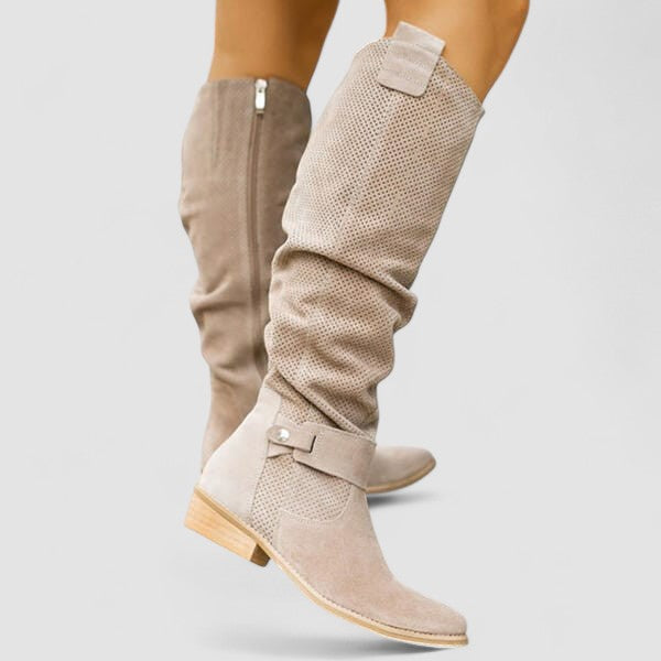 Elena | Stivali Alti Traforati in Camoscio Beige
