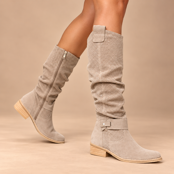 Elena | Stivali Alti Traforati in Camoscio Beige