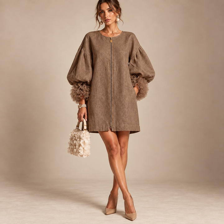 Flora | Abito Mini Cammello con Polsini Ruffled in Tulle