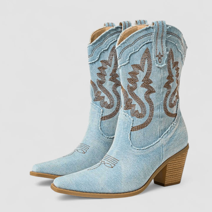 Gemma | Stivaletti Texani in Denim Chiaro con Ricami