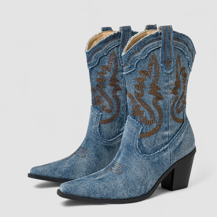 Gemma | Stivaletti Texani in Denim Chiaro con Ricami