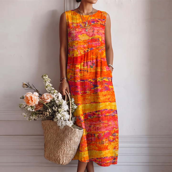 Sofia | Abito Lungo Smanicato Tie-Dye Arancio e Giallo