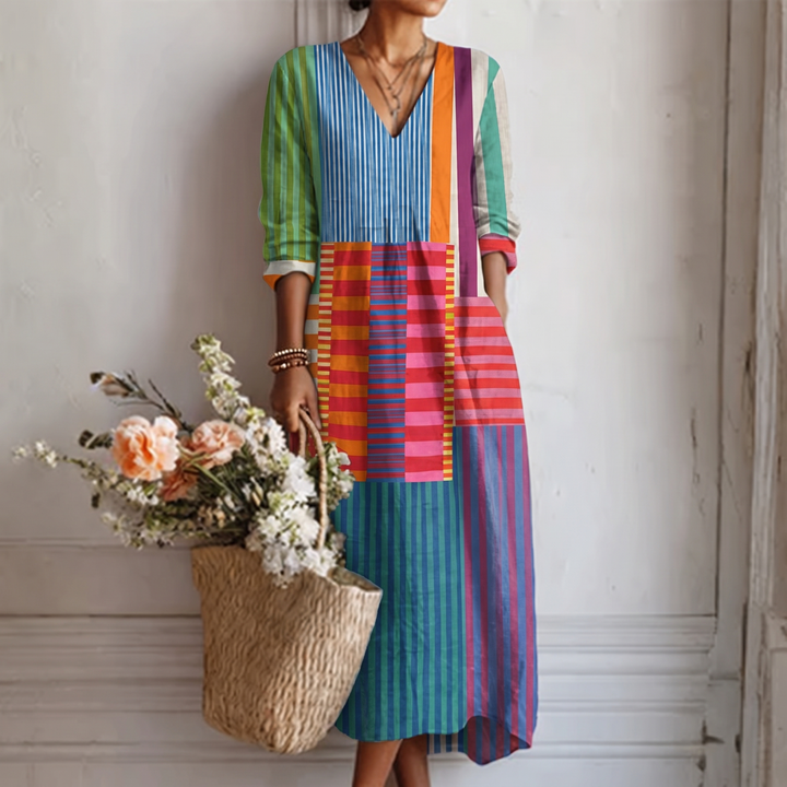 Iris | Abito Lungo Patchwork Multicolore a Righe e Quadrati Vibrant