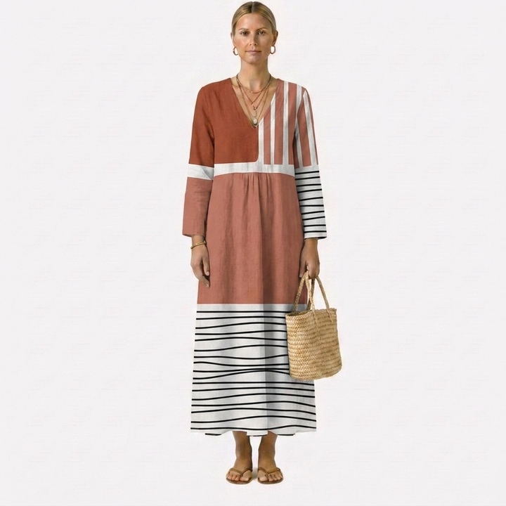 Adele | Abito Lungo Color-Block Terracotta e Righe Geometriche