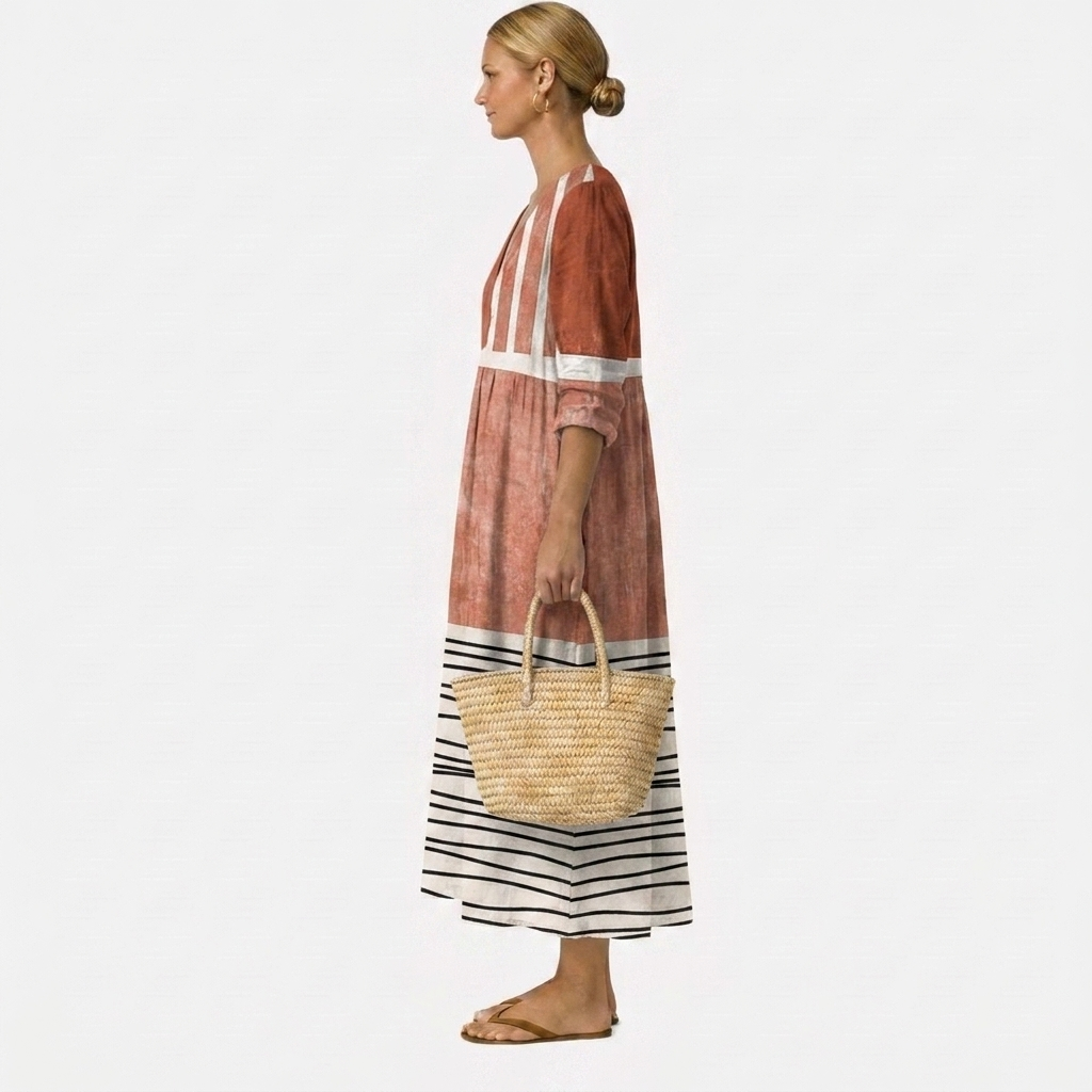 Adele | Abito Lungo Color-Block Terracotta e Righe Geometriche