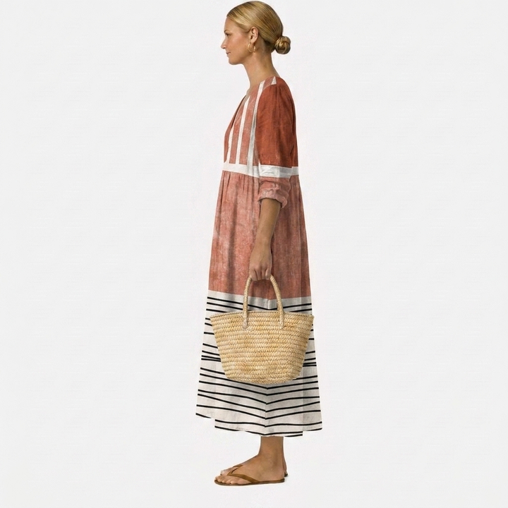 Adele | Abito Lungo Color-Block Terracotta e Righe Geometriche